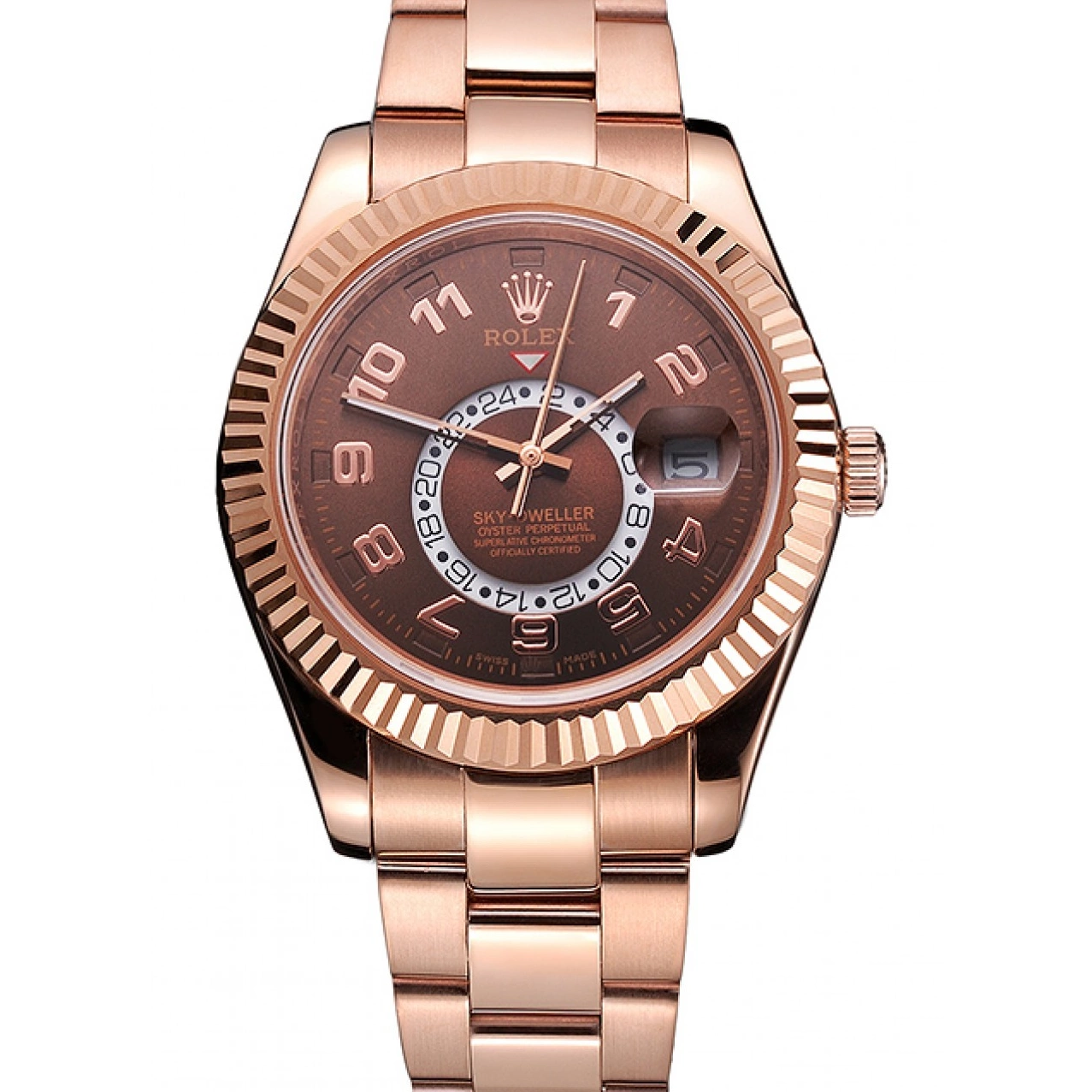 Aaa replica Case Rose Brown Rolex Ad Dweller Dial Bracelet Sky Gold 0723
